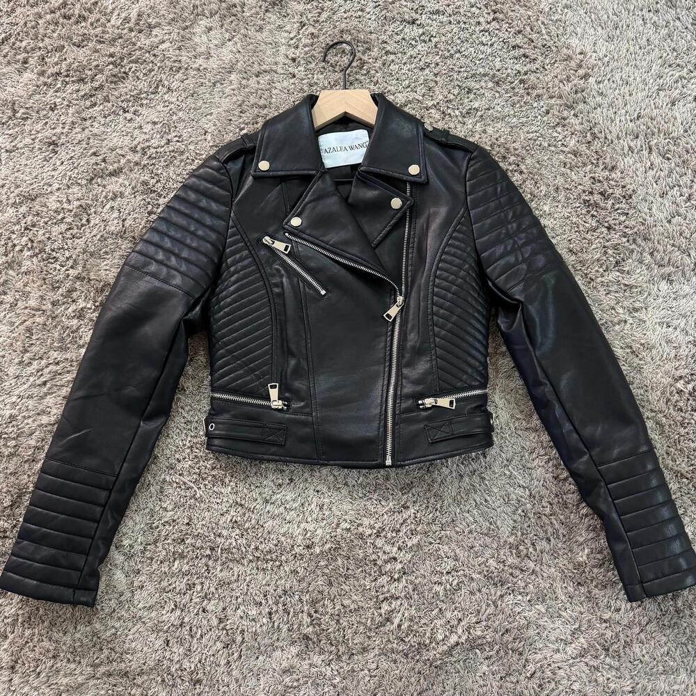 Azalea Wang Black Quilted Studded Biker Jacket Belted Zip Women's S DP-20819